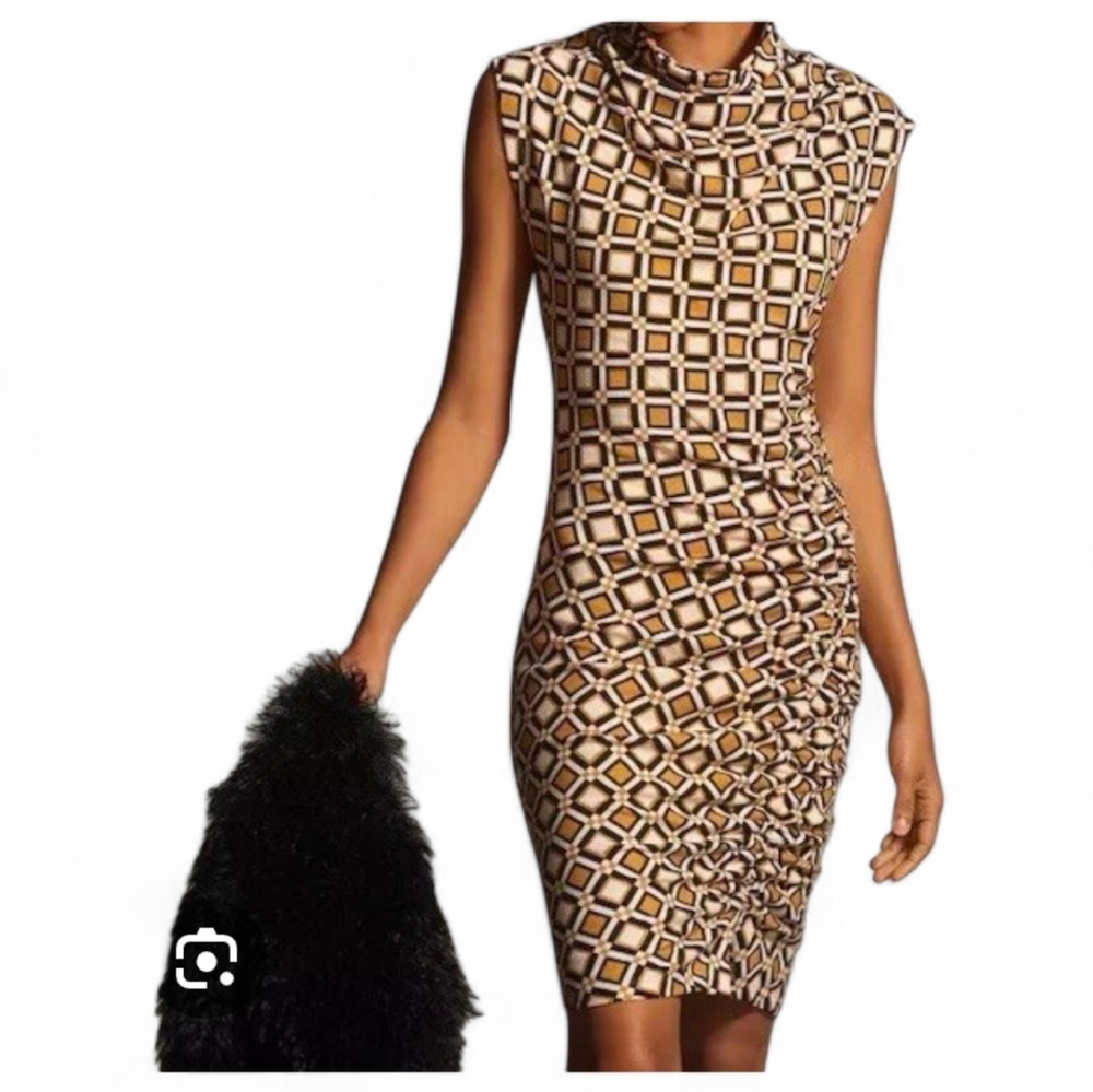 BY ANTHROPOLOGIE The Maya Ruched Cowl Neck 70s Dress - Medium